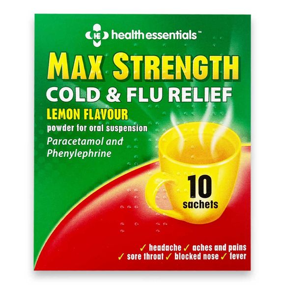 Health Essentials Max Cold & Flu Sachets - Lemon 10 Pack